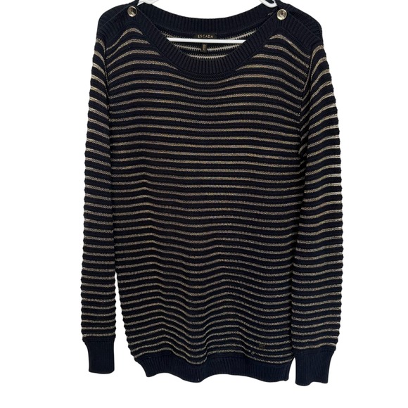 Escada Navy Gold Stripe Knit Sweater Long Sleeve Crew Neck...